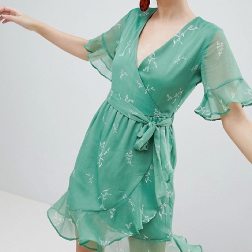 Neon rose green romantic floral wrap dress